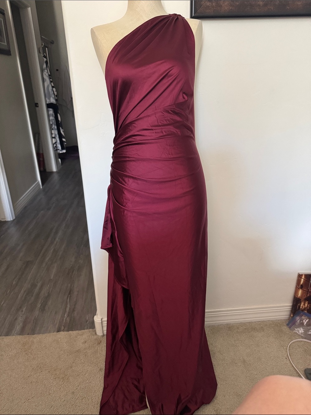 Amazon One-Shoulder Wine Satin Evening Dress- size L NWOT